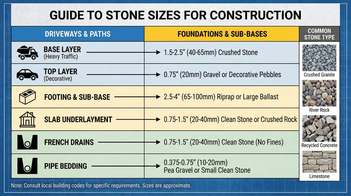 Stone size selection chart for different construction projects