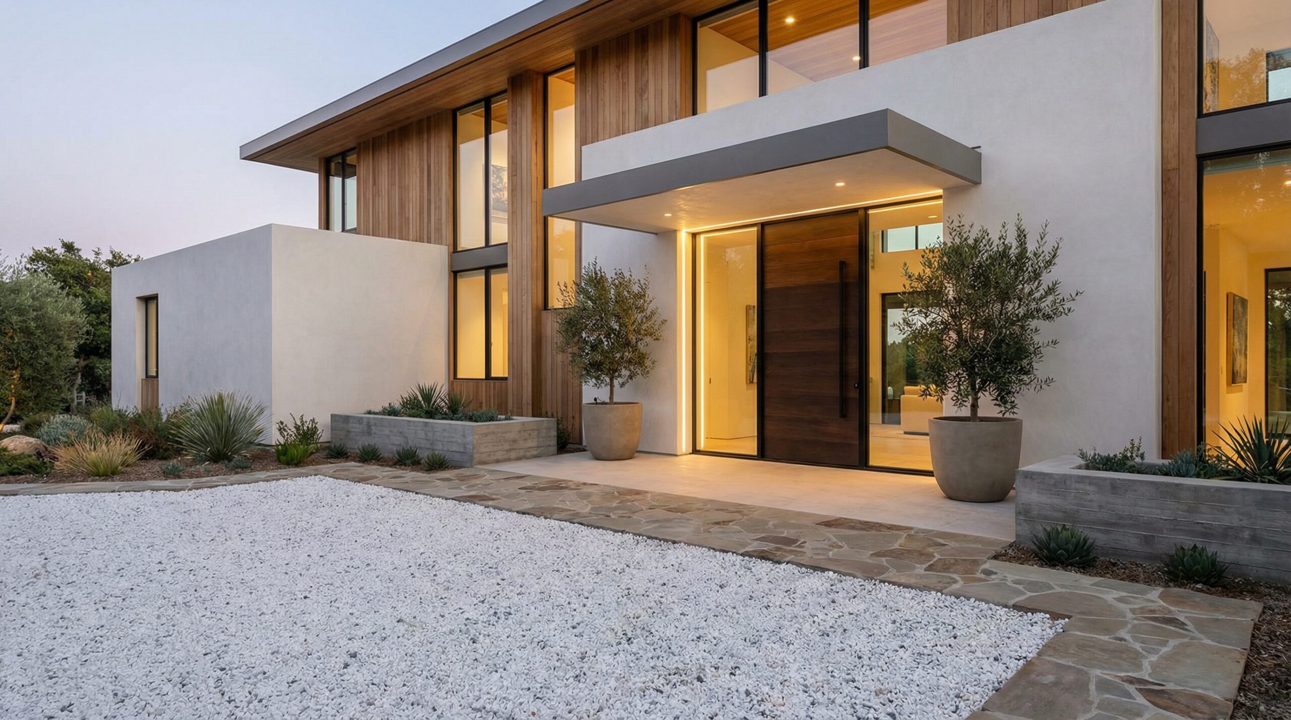 modern white gravel driveway with elegant home entrance