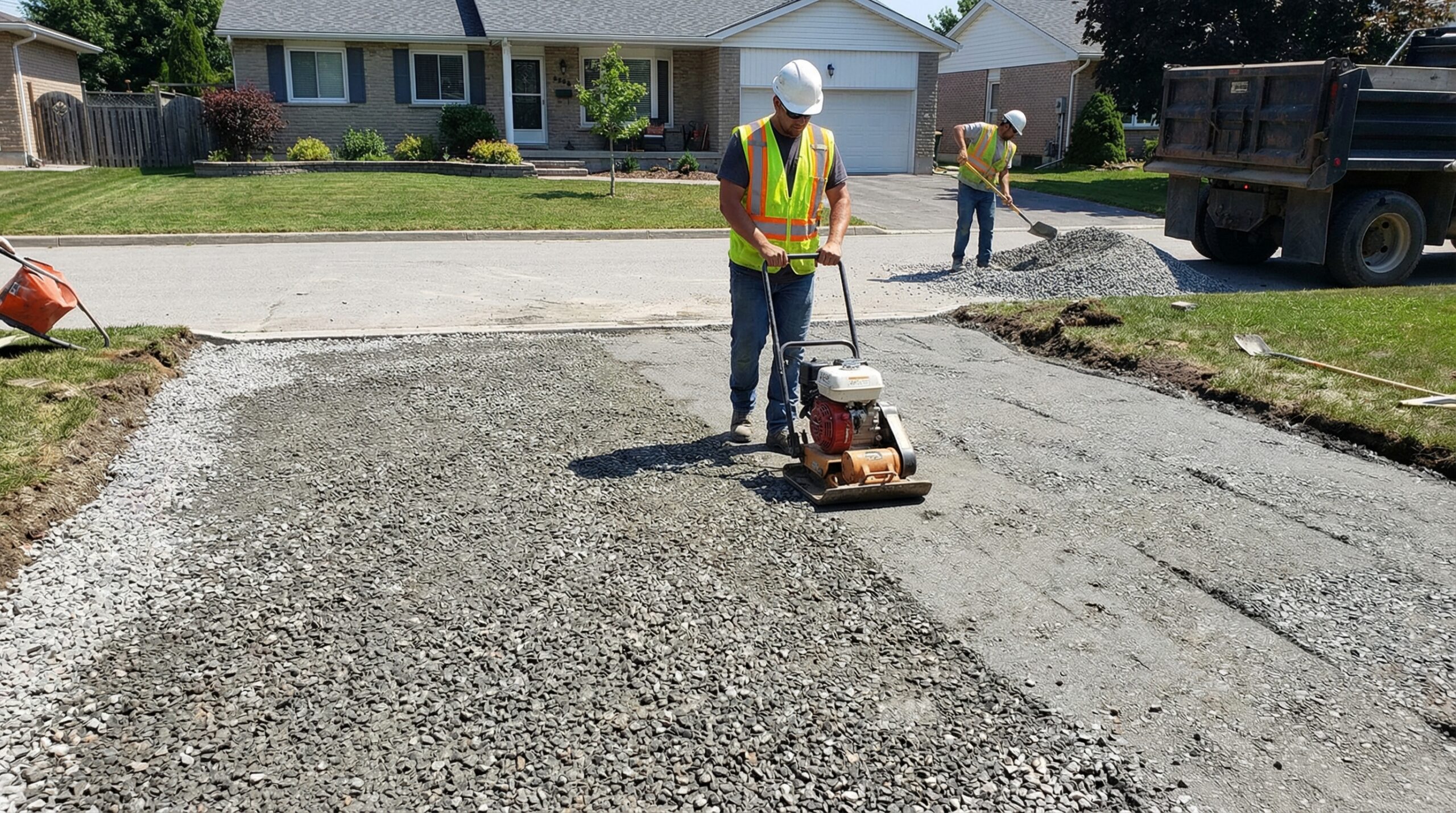 crushed gravel being used in a driveway installation showing compaction