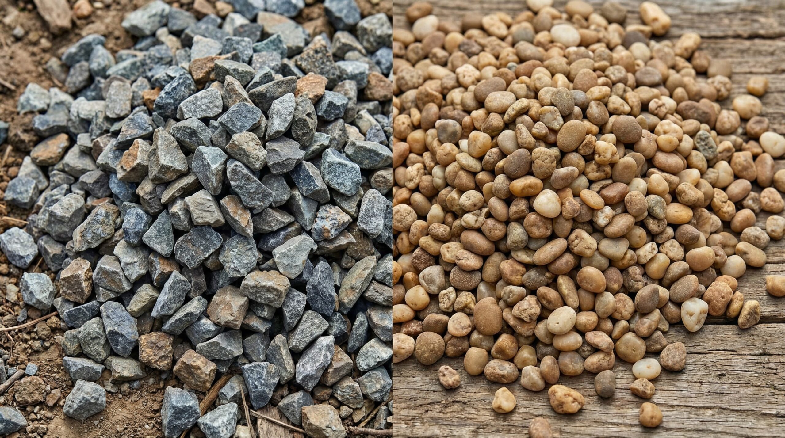 comparison of crushed gravel and pea gravel side by side showing texture differences