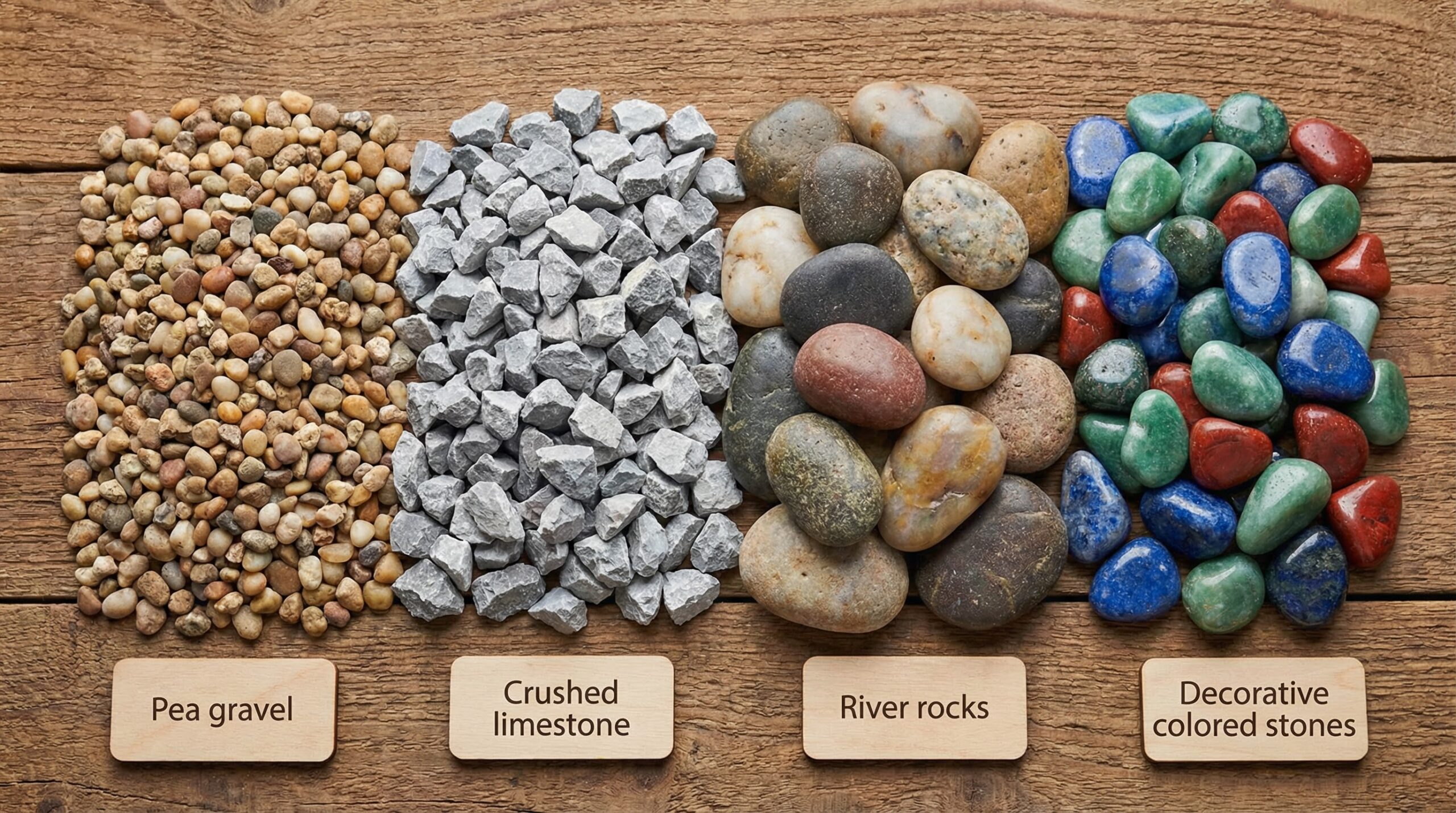 close-up comparison showing different types of garden stones including pea gravel, crushed limestone, river rocks, and decorative colored stones