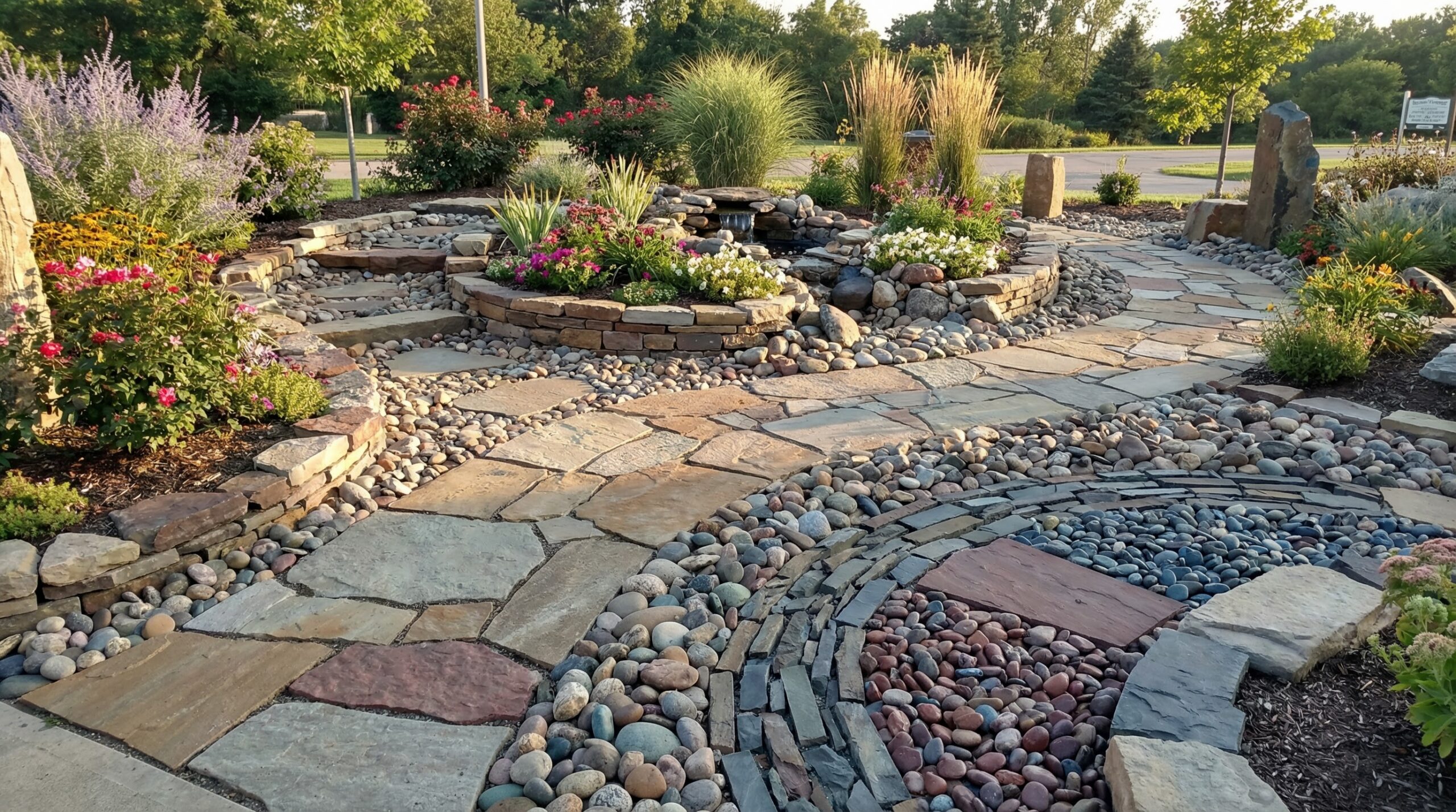 Garden stones arranged in an attractive landscaping display with various types and colors
