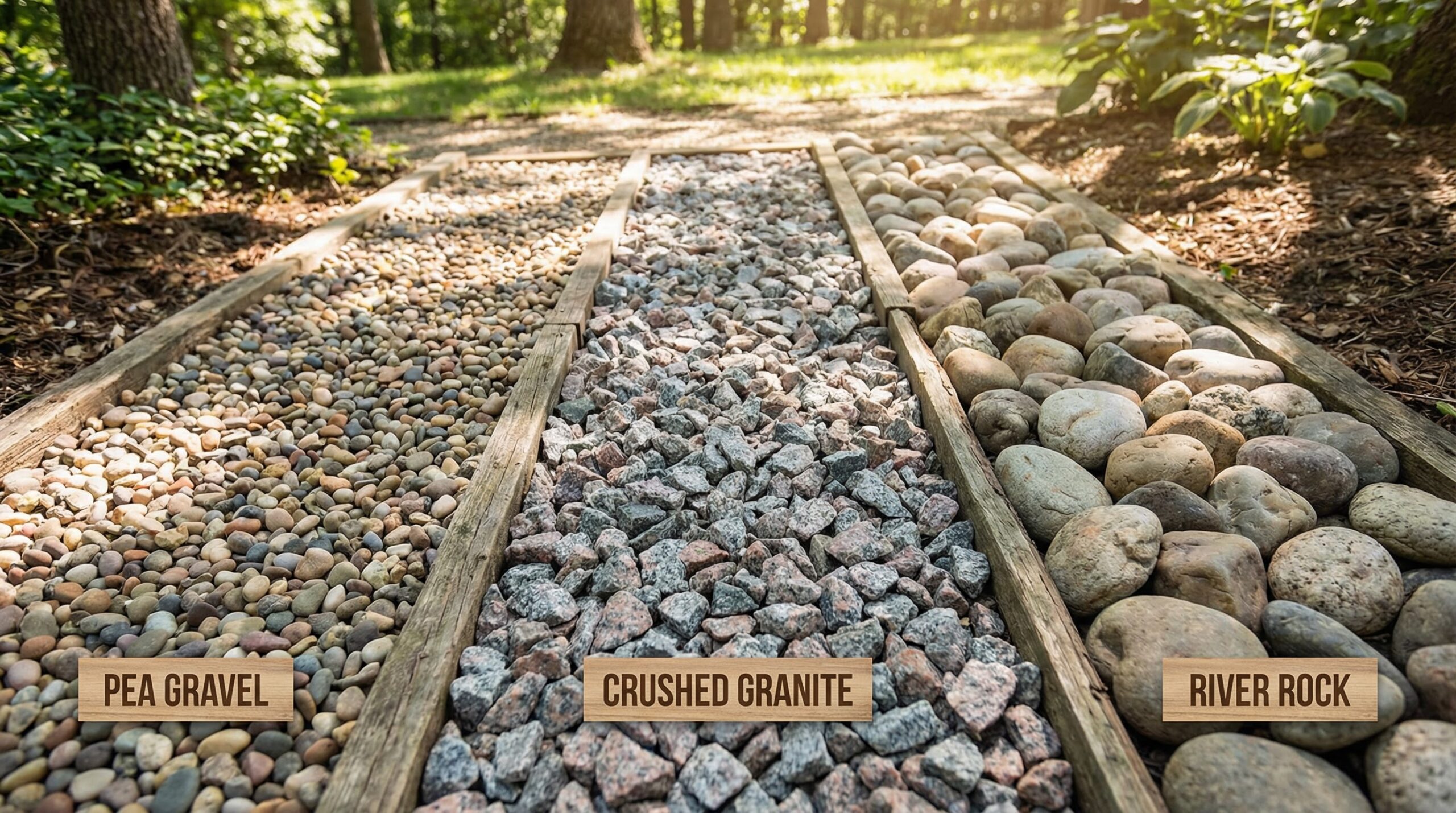 Comparison of pea gravel crushed granite river rock side by side