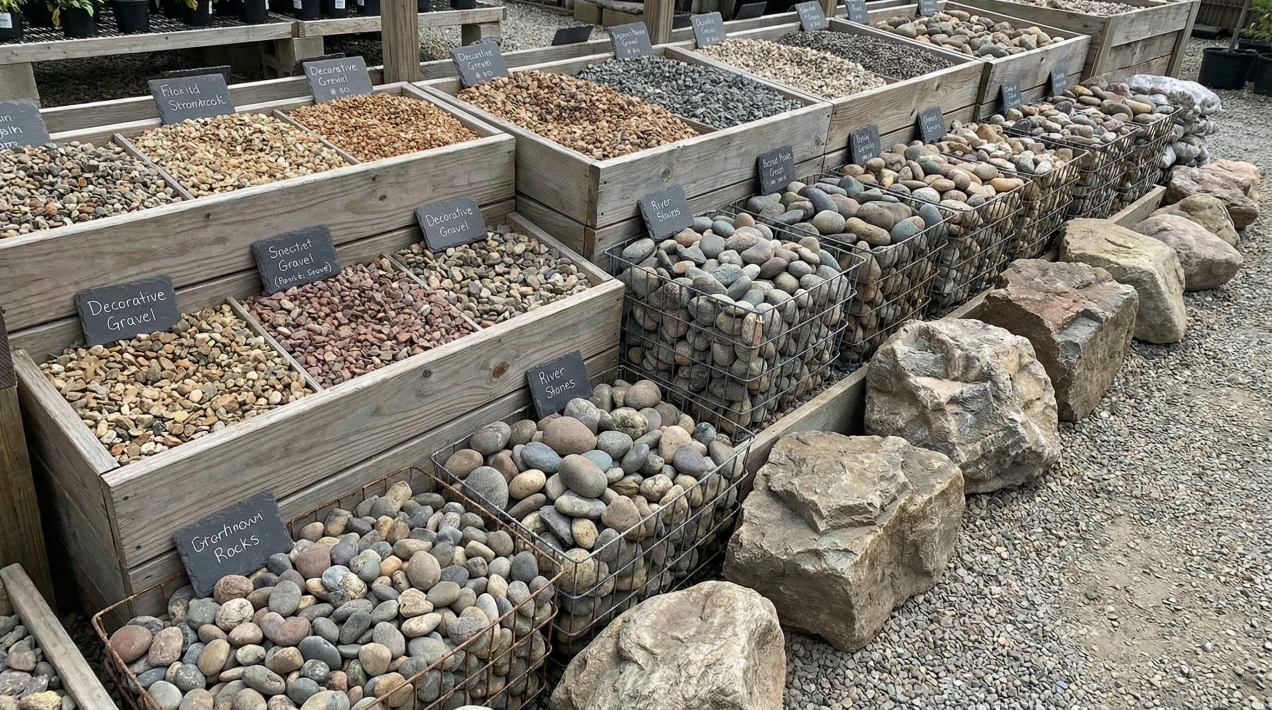 Different types of landscape rocks including gravel, river rock, and boulders on display