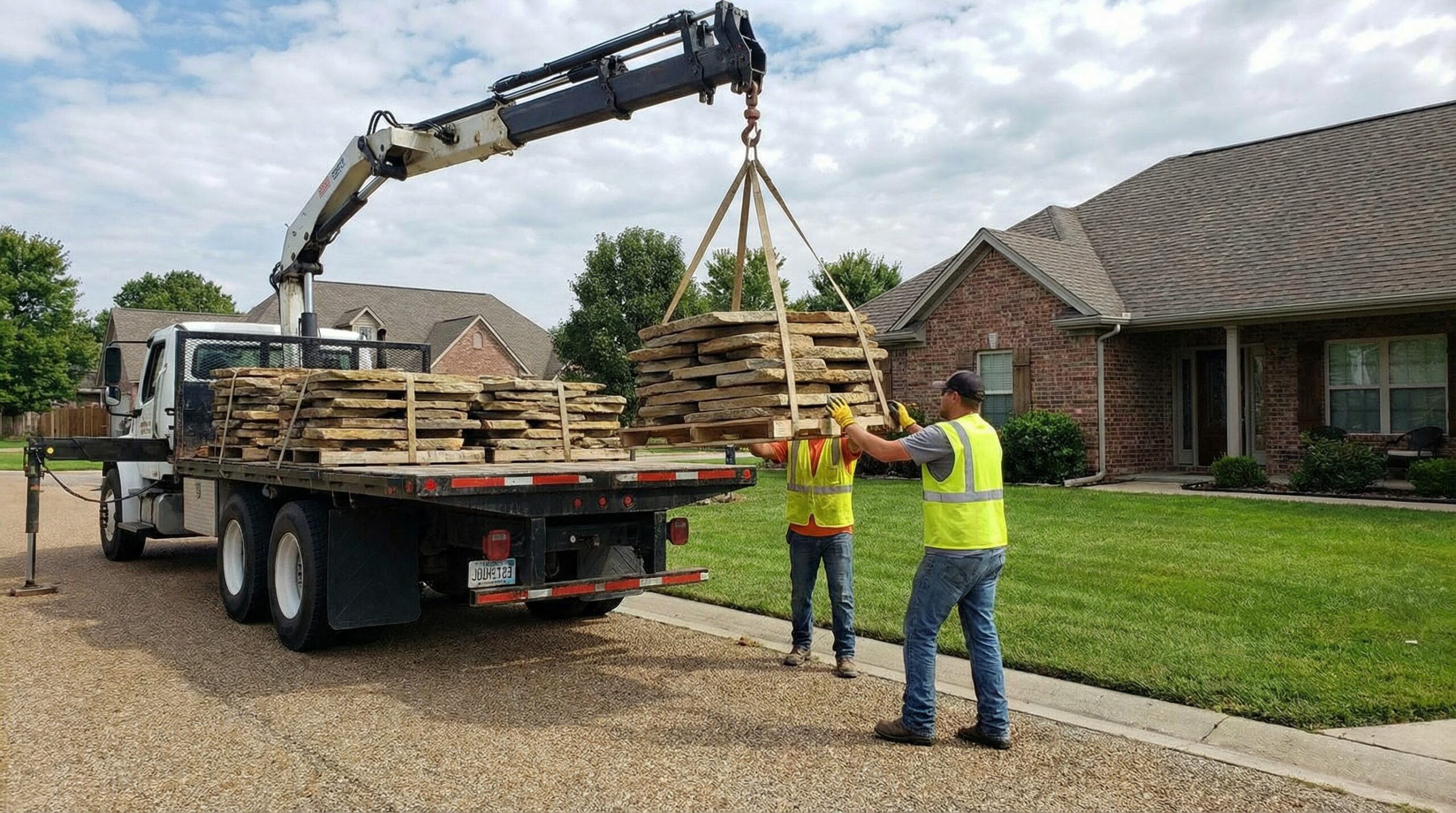 Landscaping stones being delivered to residential property