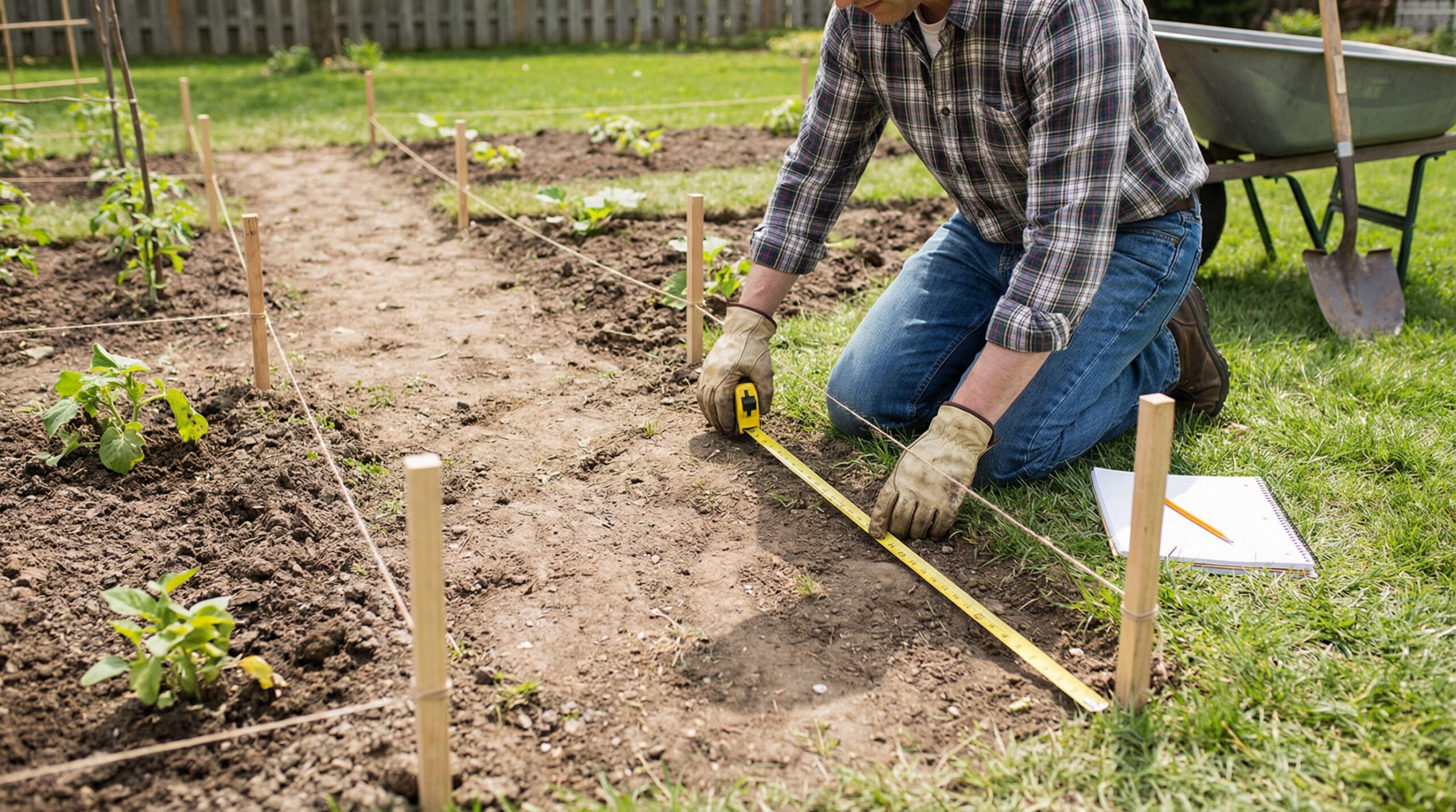 Measuring walkway with tape measure and stakes