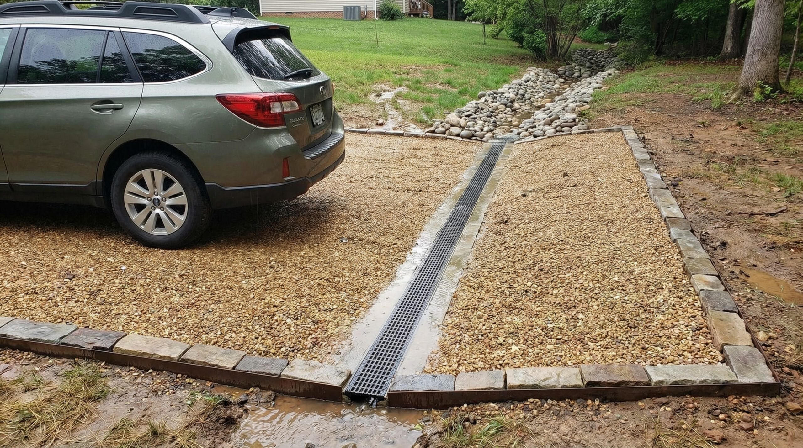 Pea gravel parking pad with proper drainage and edge containment