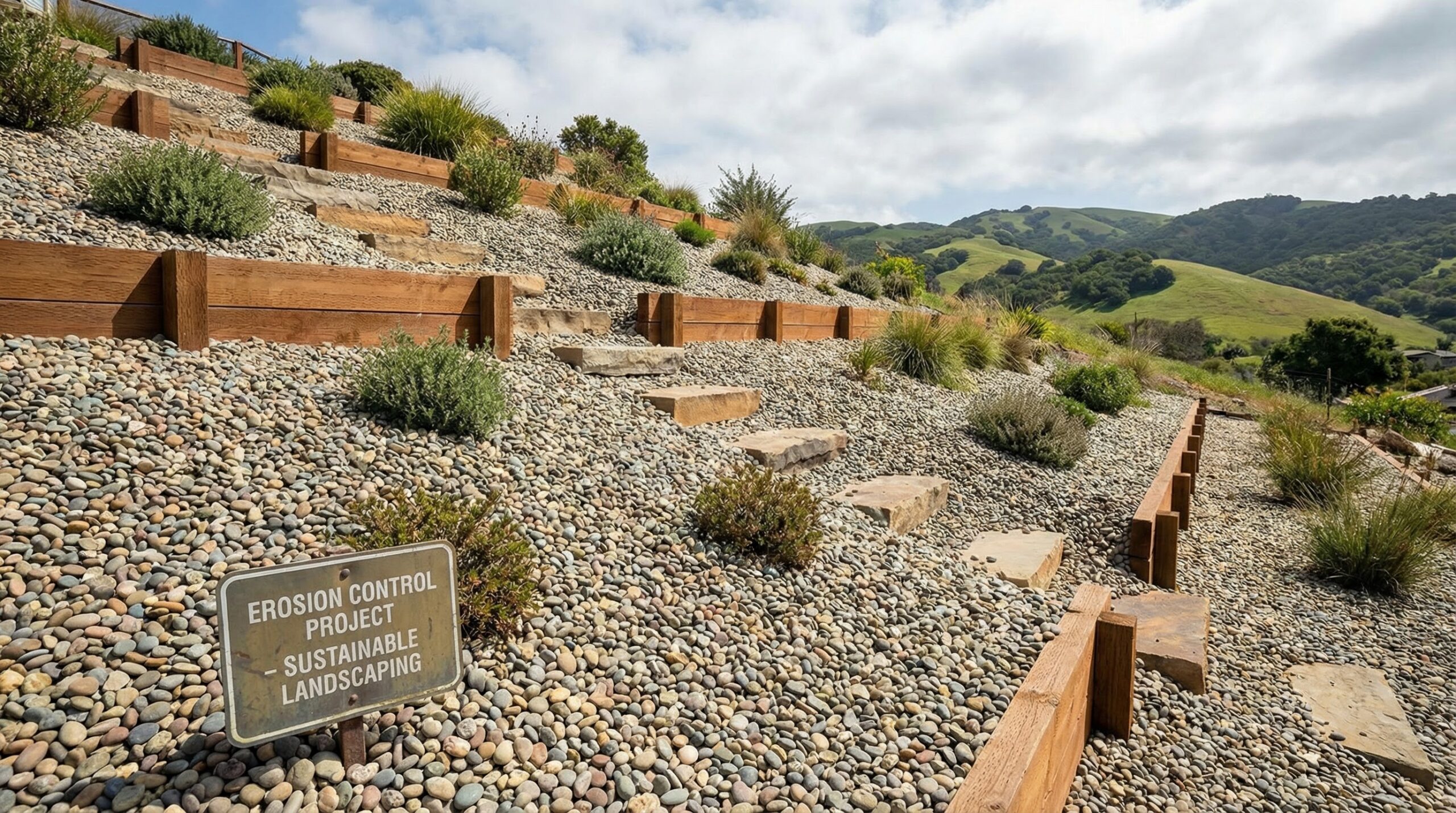Pea gravel erosion control slope installation
