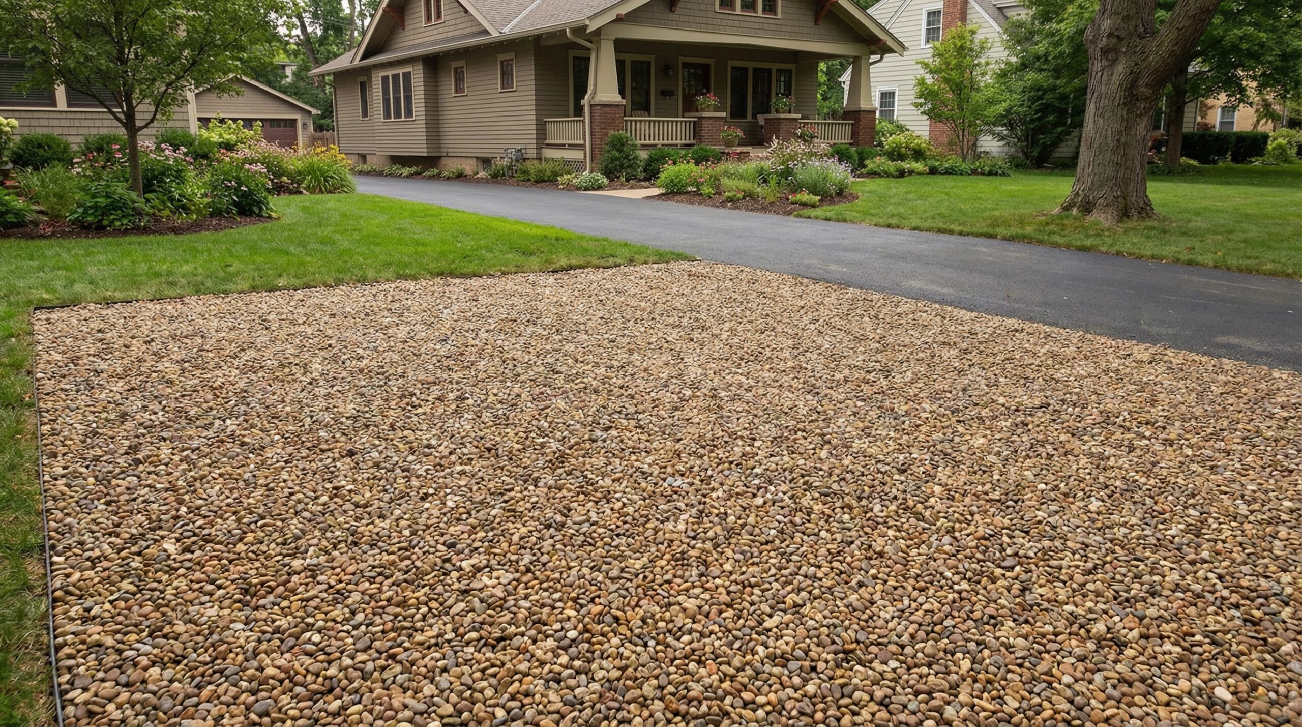 A well-maintained pea gravel parking pad in front of a residential driveway