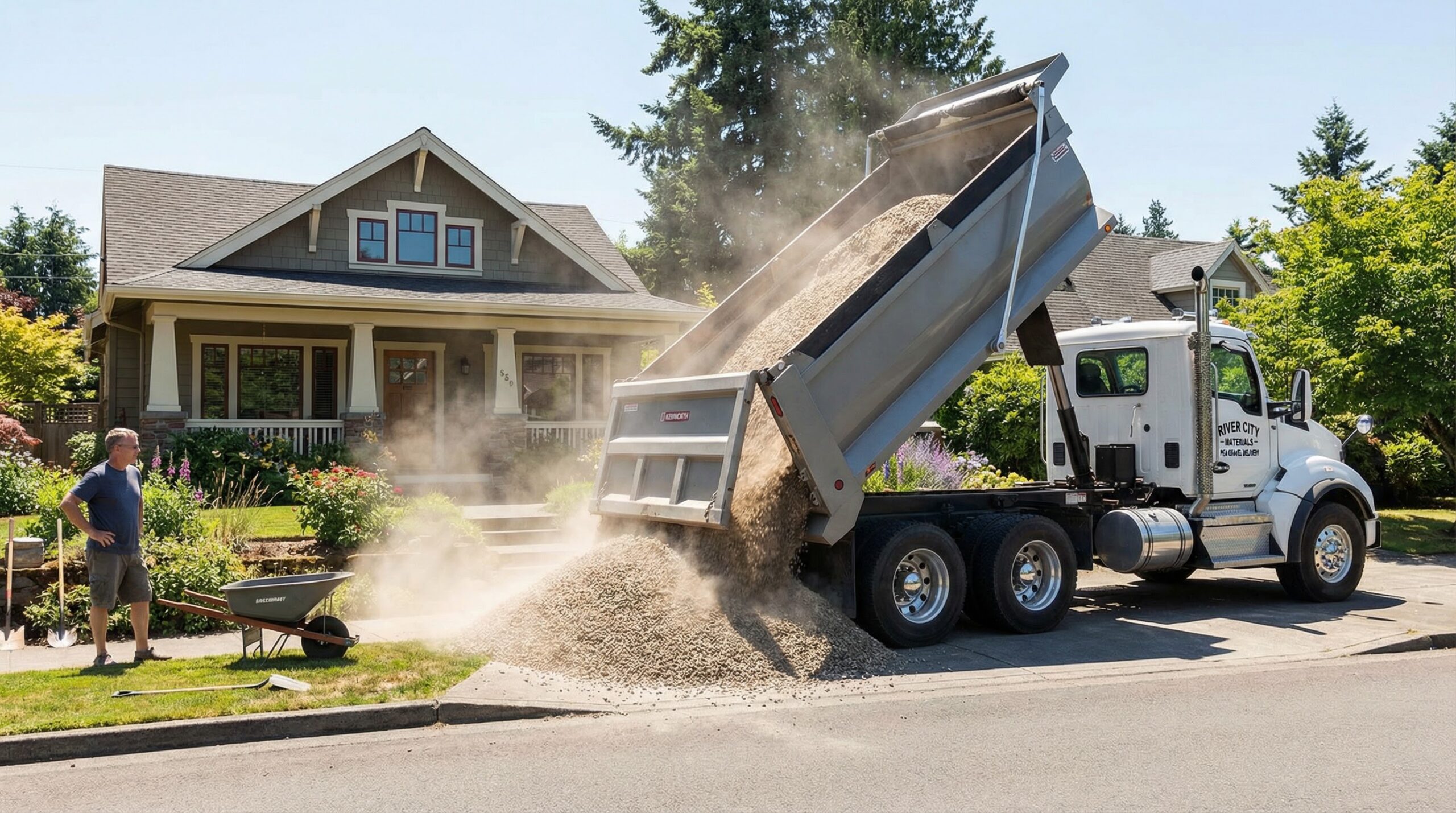 Pea gravel delivery truck unloading at residential property