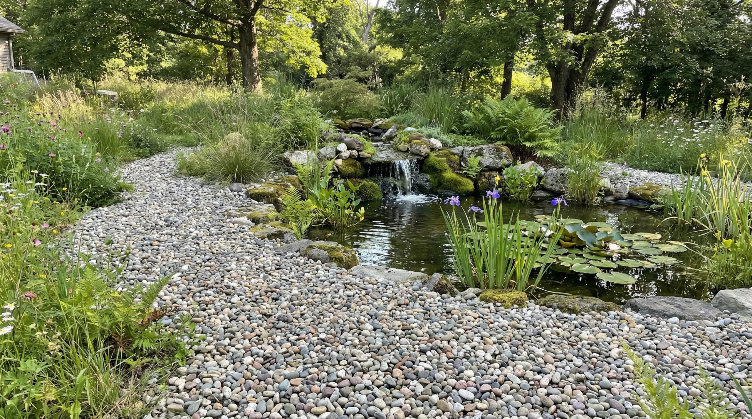 Pea gravel arranged around pond edge in natural landscaping