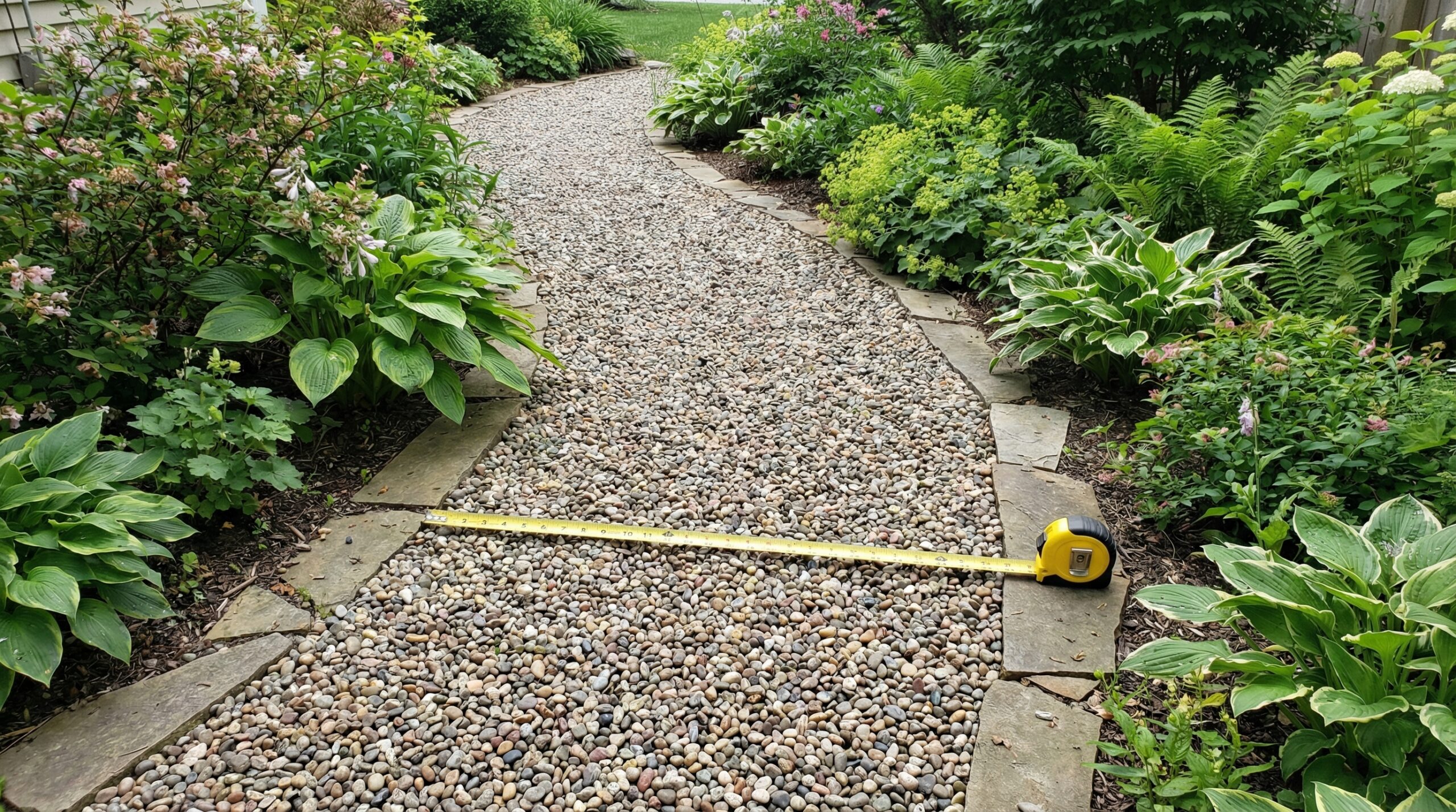 Pea gravel walkway with measuring tape