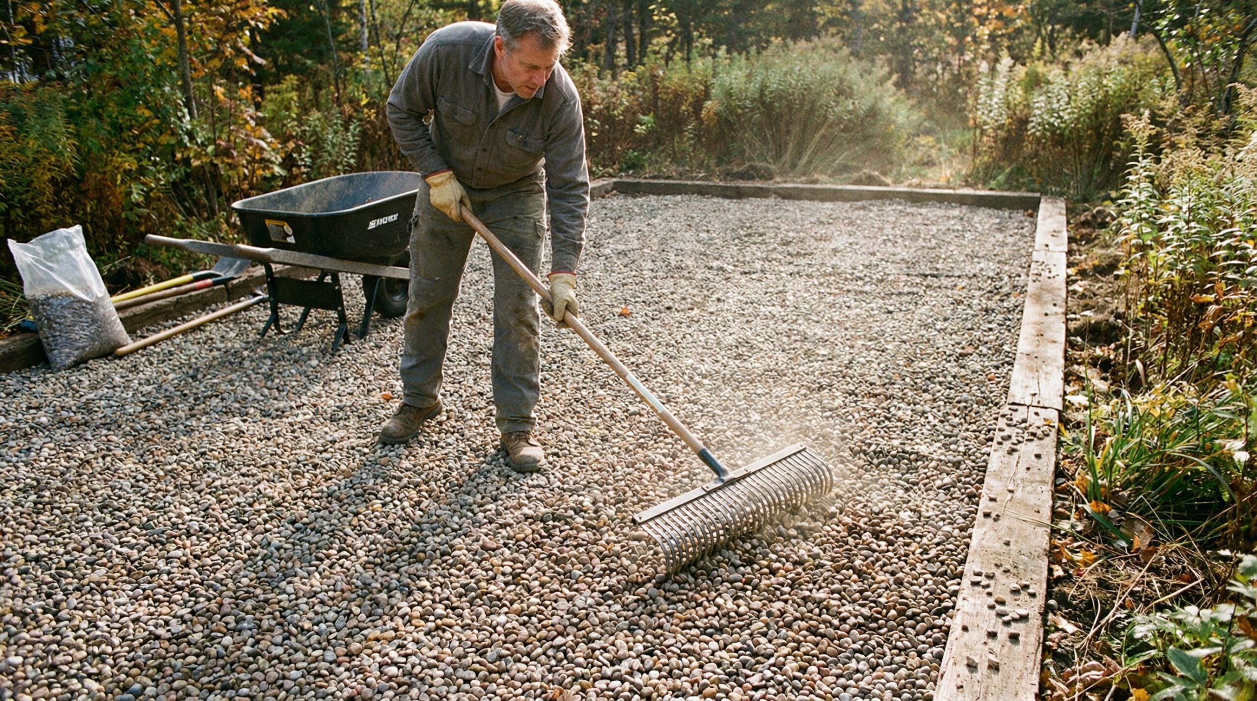 Person raking and maintaining a pea gravel parking pad