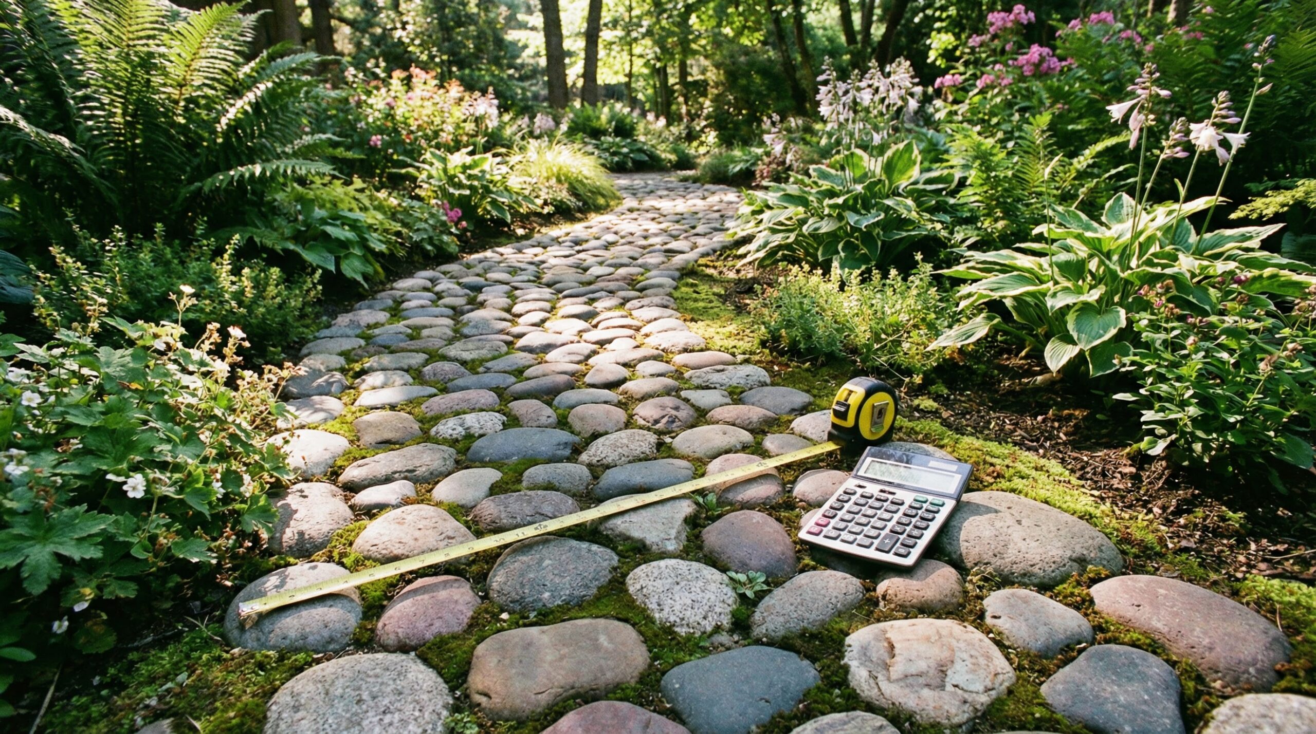 River rock walkway with measuring tape and calculator