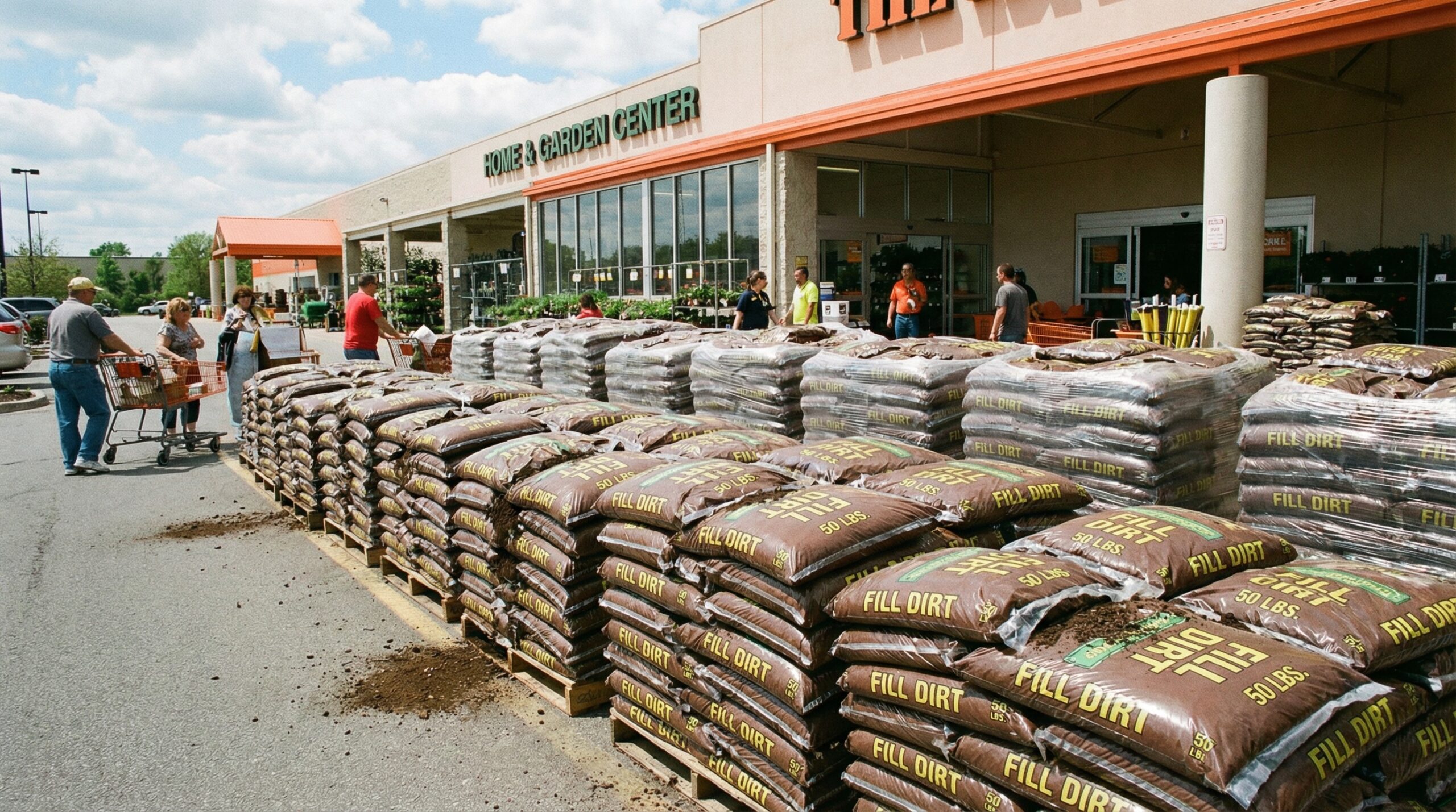 Bags of fill dirt stacked at home improvement store