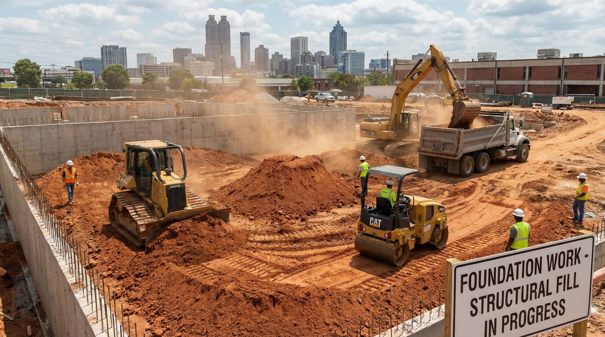 construction site with workers using structural fill dirt for foundation work