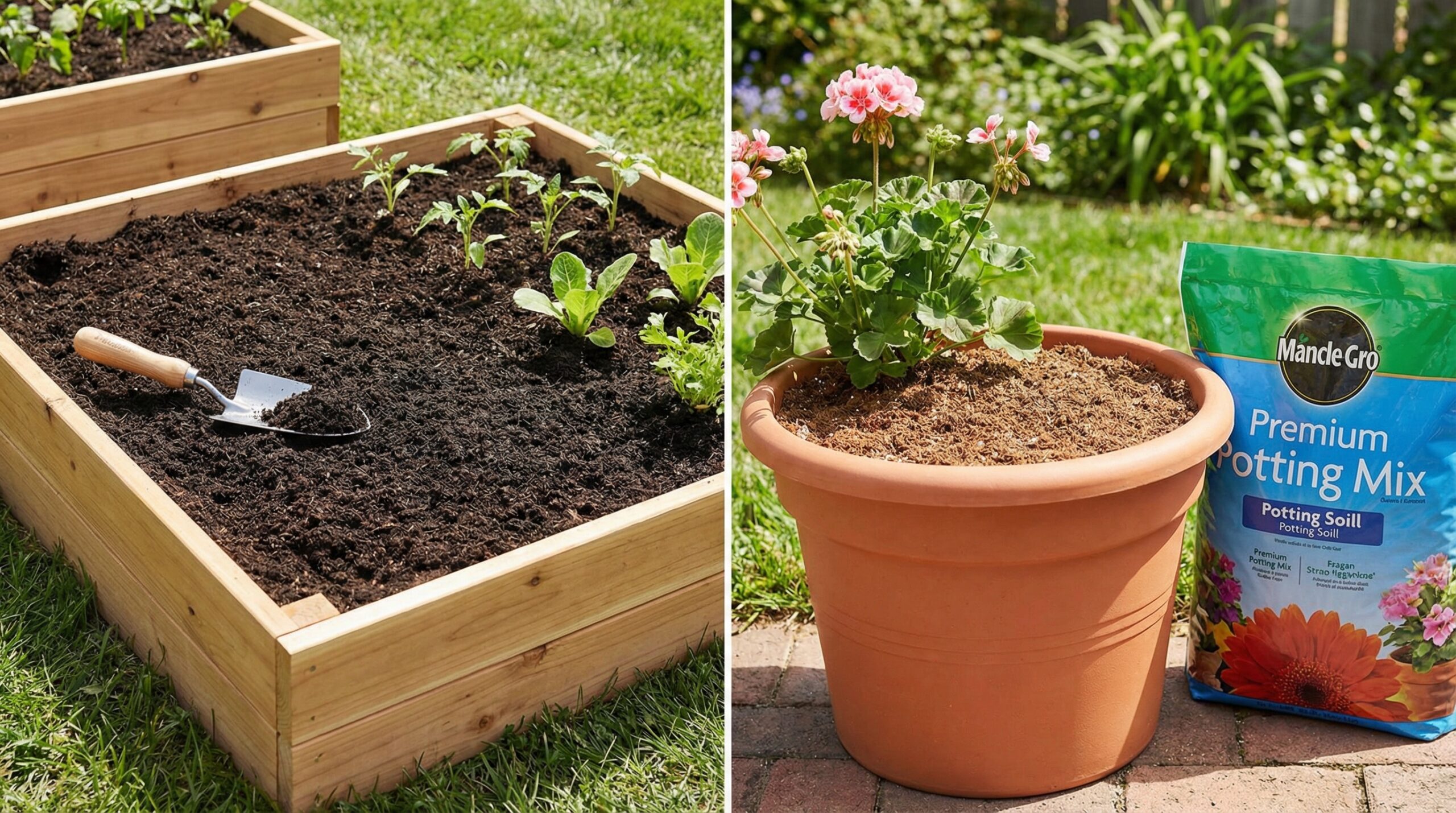Garden bed with topsoil vs container with potting soil