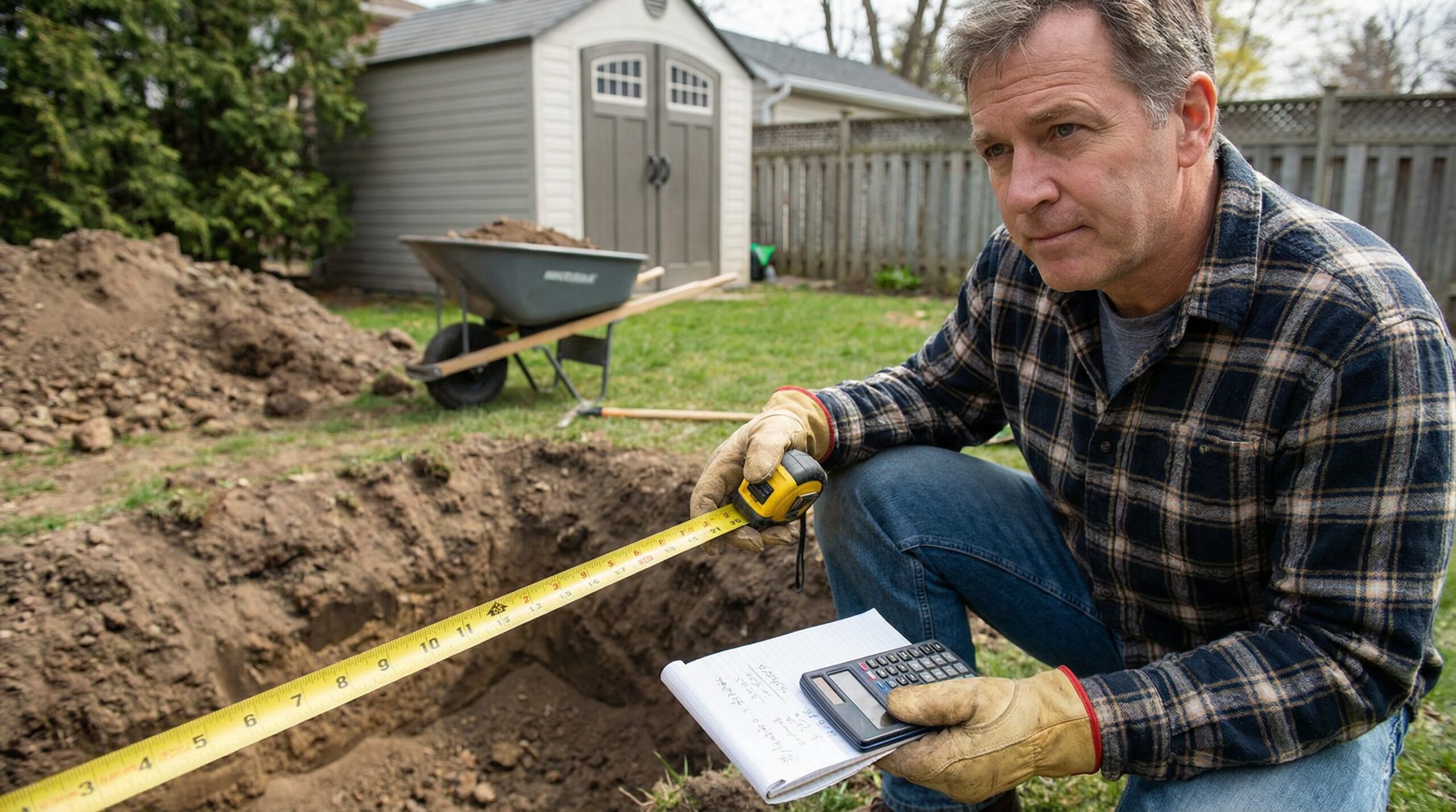 Homeowner calculating fill dirt needs with measuring tape and calculator
