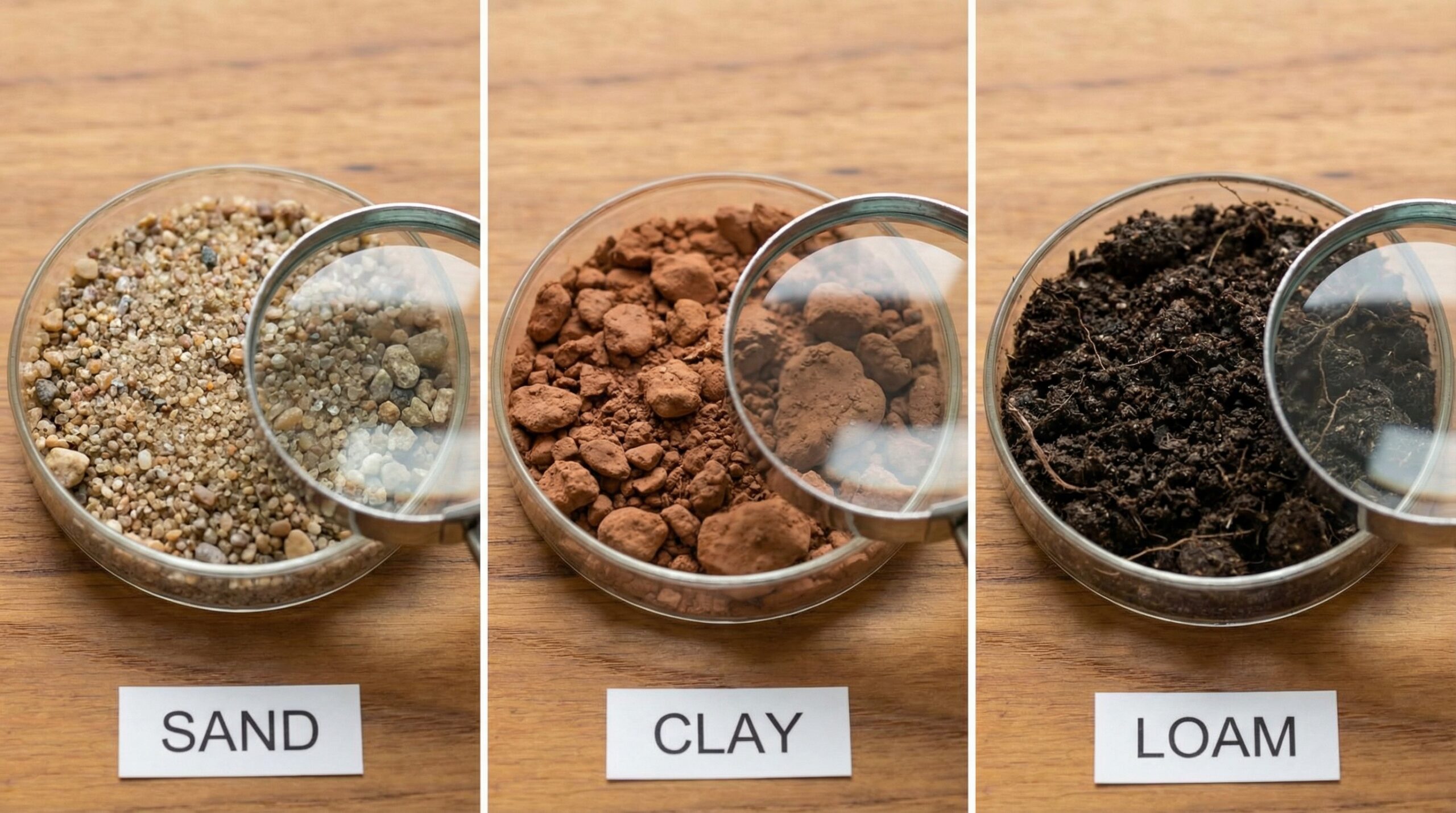 Close-up comparison of different soil textures and components